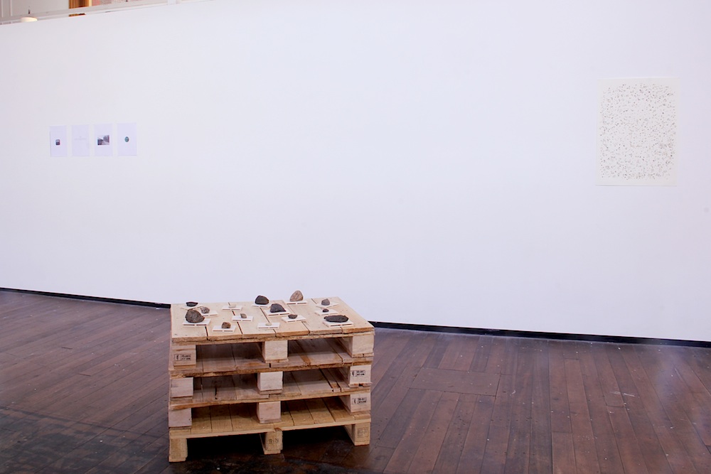 Rocks, pallettes, balsa wood installation view